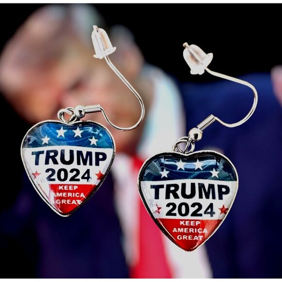 Trump 2024 Earrings MAGA New Heart Shaped Dangle Hooks Patriotic Electi… - Picture 9 of 12